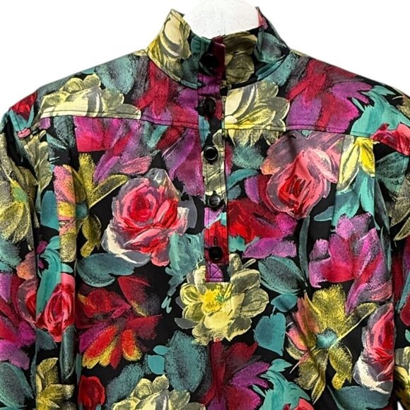 Vintage Emanuel Ungaro Silk Blouse Size 6 Black Floral 70s 80s Designer Italy - Picture 2 of 12